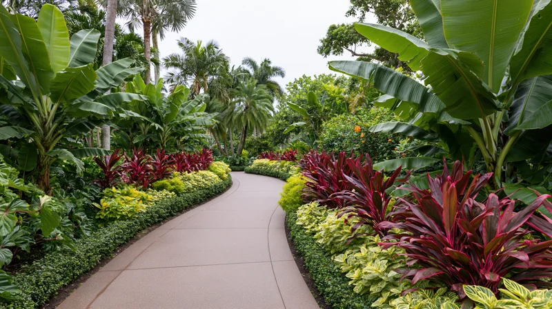 Curved concrete pathway winding through lush tropical garden with banana palms and colorful foliage plants