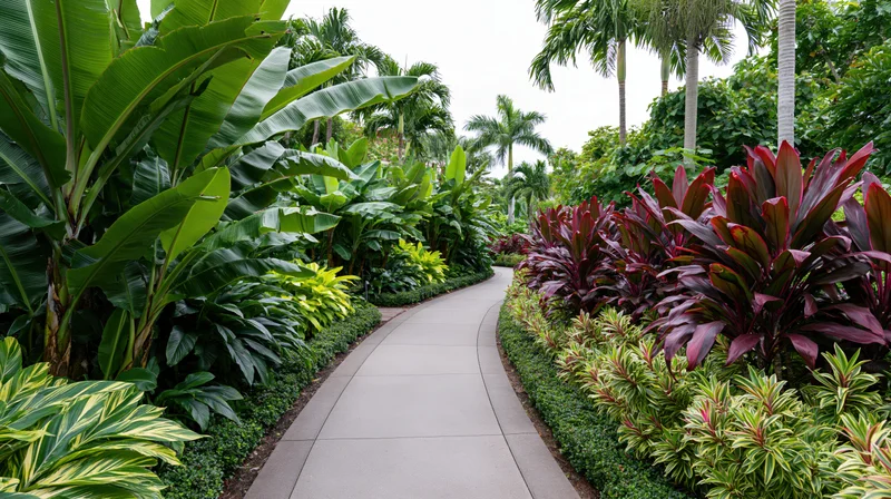 Curved concrete pathway winding through dense tropical garden with lush green and red foliage