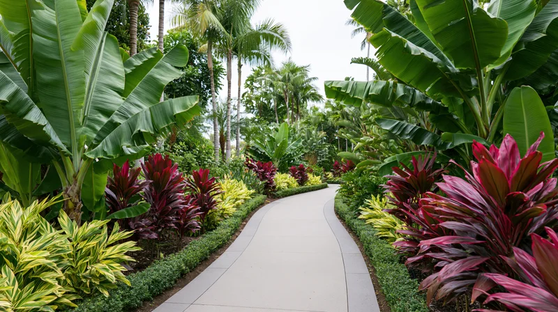 Curved concrete pathway winding through lush tropical garden with banana plants and colorful foliage