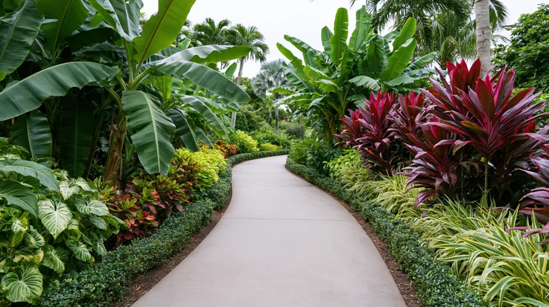 Curved concrete pathway winding through a lush tropical garden with banana plants and colorful foliage