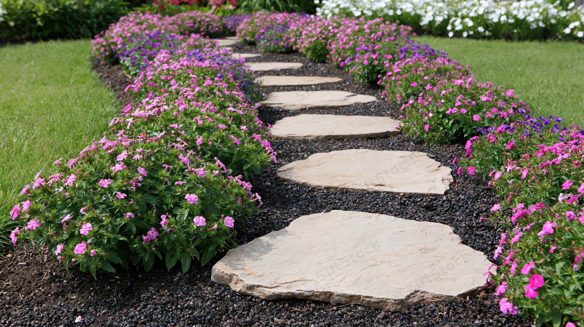 Curved stepping stone path lined with pink and purple petunias in a green lawn garden