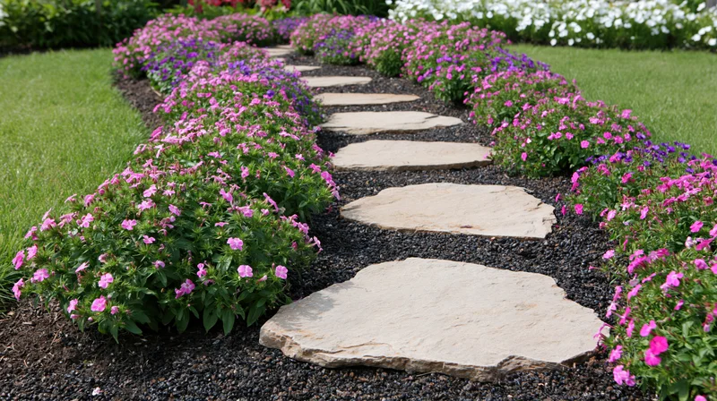 Curved stepping stone path lined with pink and purple petunias in a green lawn garden