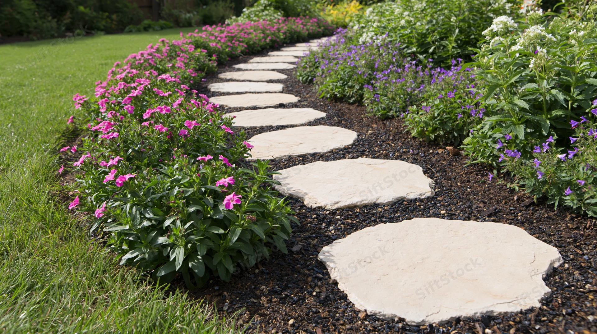 Curved stone path winding through flowerbeds in a garden