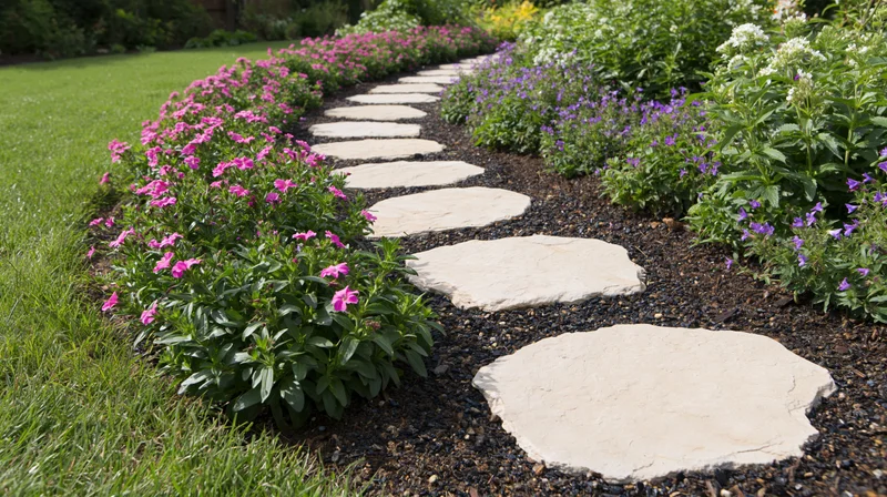 Curved stone path winding through flowerbeds in a garden