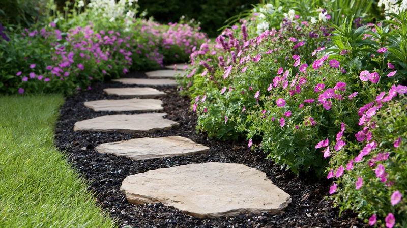 Curved stone path through flowerbeds in a garden with pink flowers and green grass