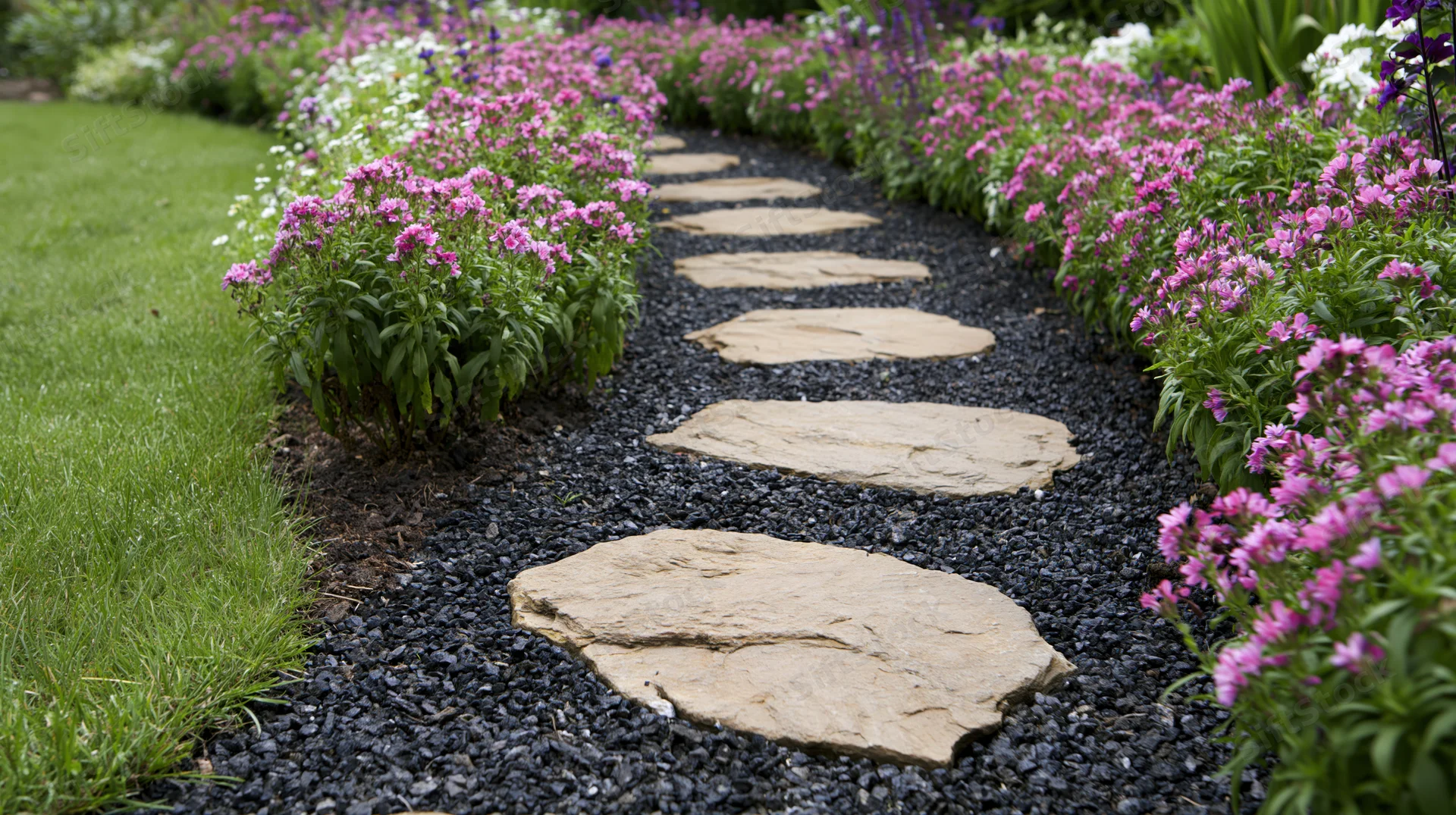 Curved garden path with stepping stones set in gravel, bordered by pink flowers and green lawn