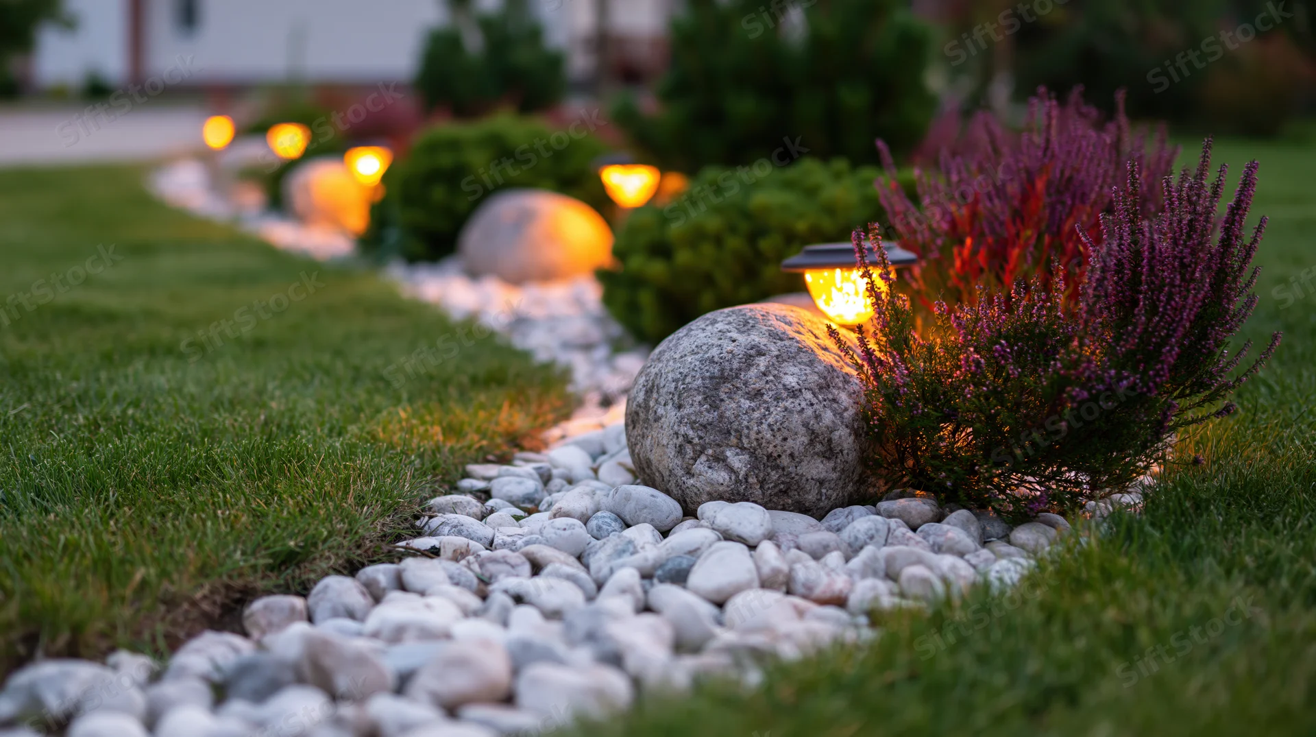 Curved garden bed edged with white river pebbles and illuminated by warm ground lights at dusk