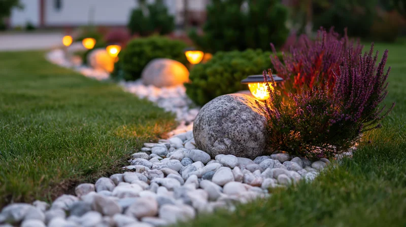 Curved garden bed edged with white river pebbles and illuminated by warm ground lights at dusk