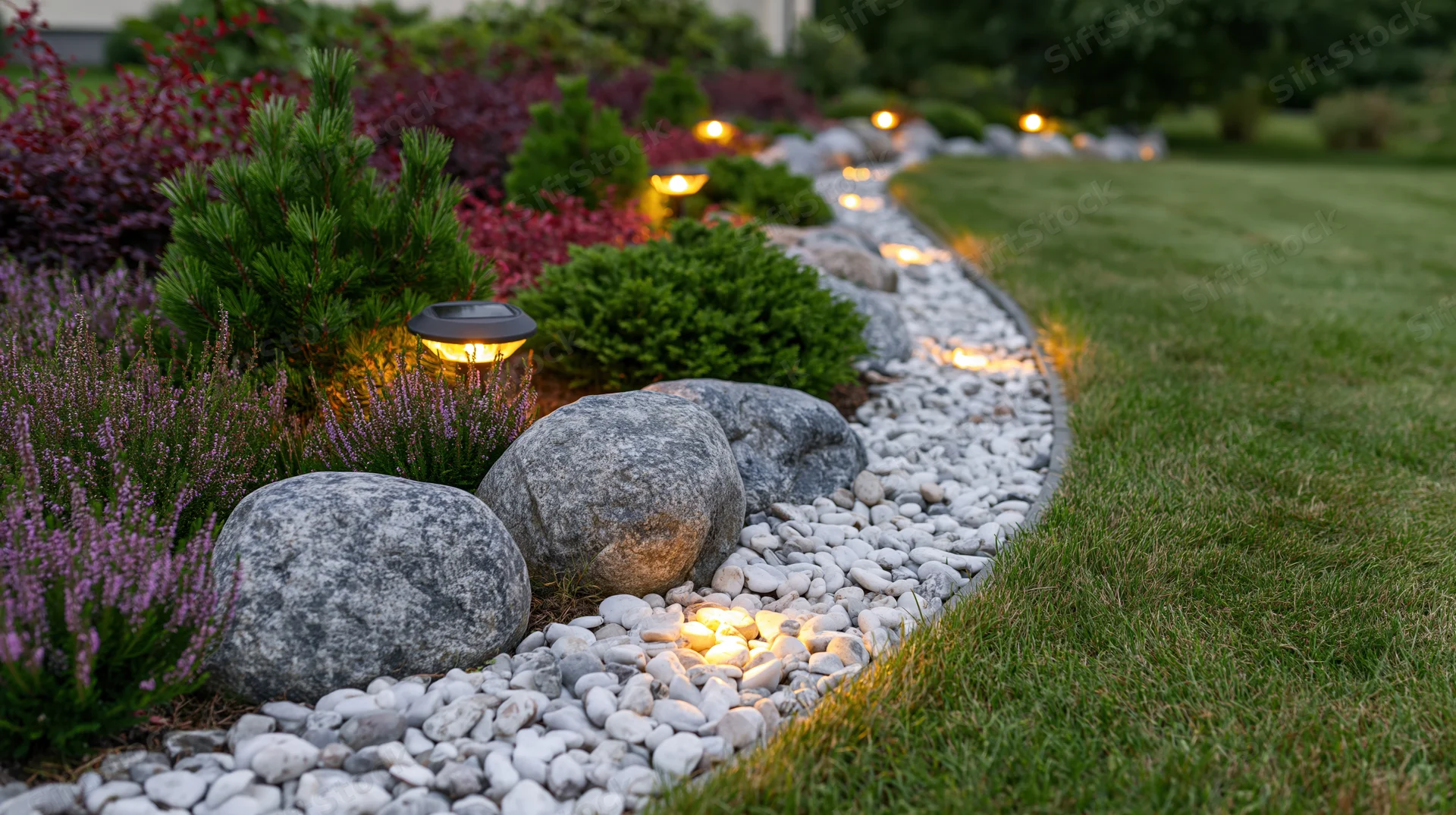 Curved garden bed edged with white pebbles and solar lamps beside a lawn at dusk