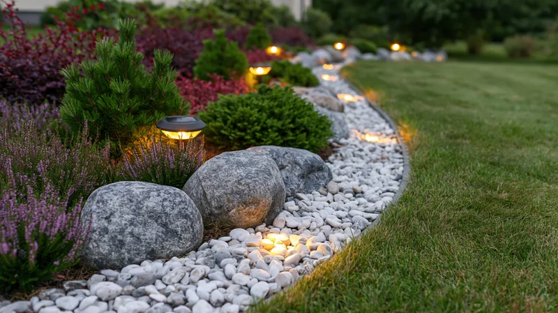 Curved garden bed edged with white pebbles and solar lamps beside a lawn at dusk
