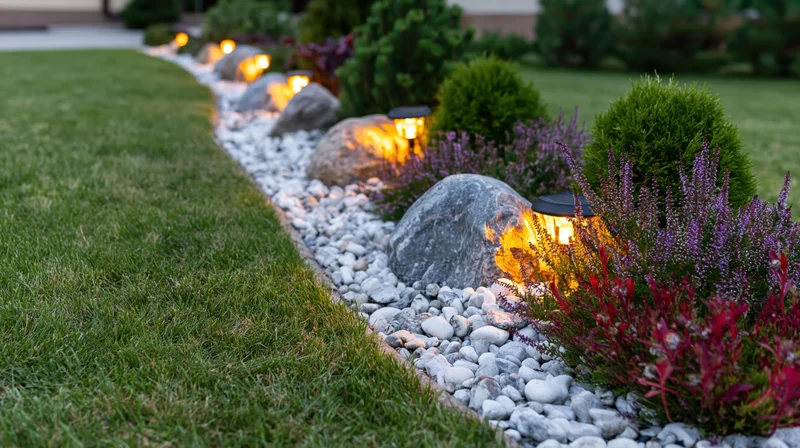 Curved garden bed edged with white pebbles and illuminated by warm lights along a lawn