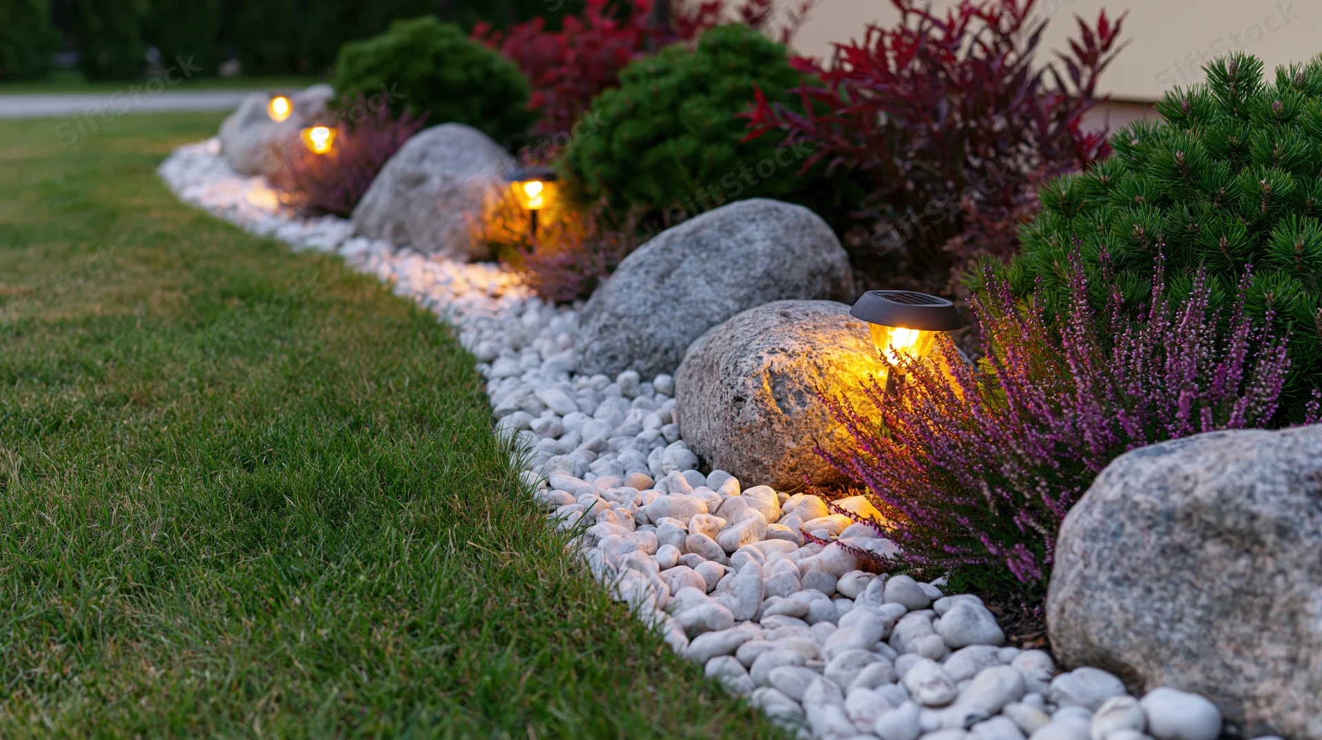 Curved garden bed edged with white pebbles and rocks, lined with shrubs and illuminated by warm lights at twilight