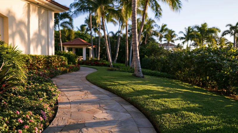 Curved stone pathway winding through lush tropical garden with palm trees and flowering shrubs near a white villa