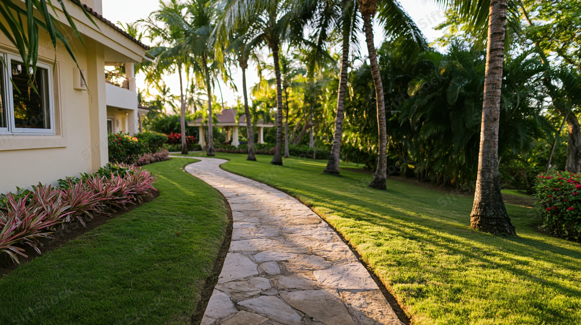 Curved stone pathway winding through lush tropical garden beside beige villa