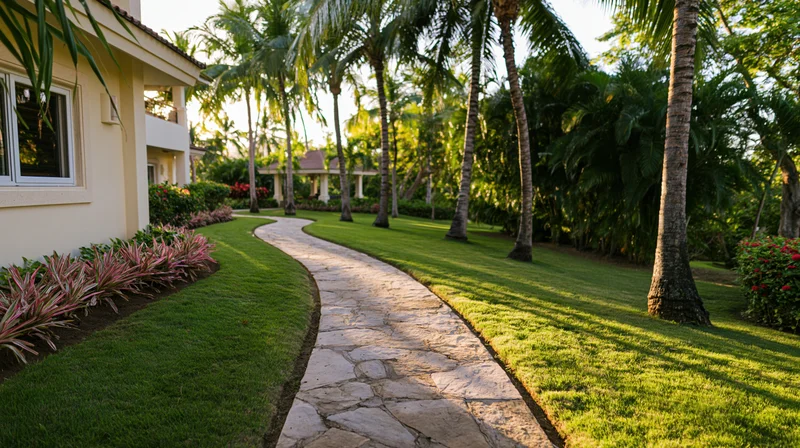 Curved stone pathway winding through lush tropical garden beside beige villa