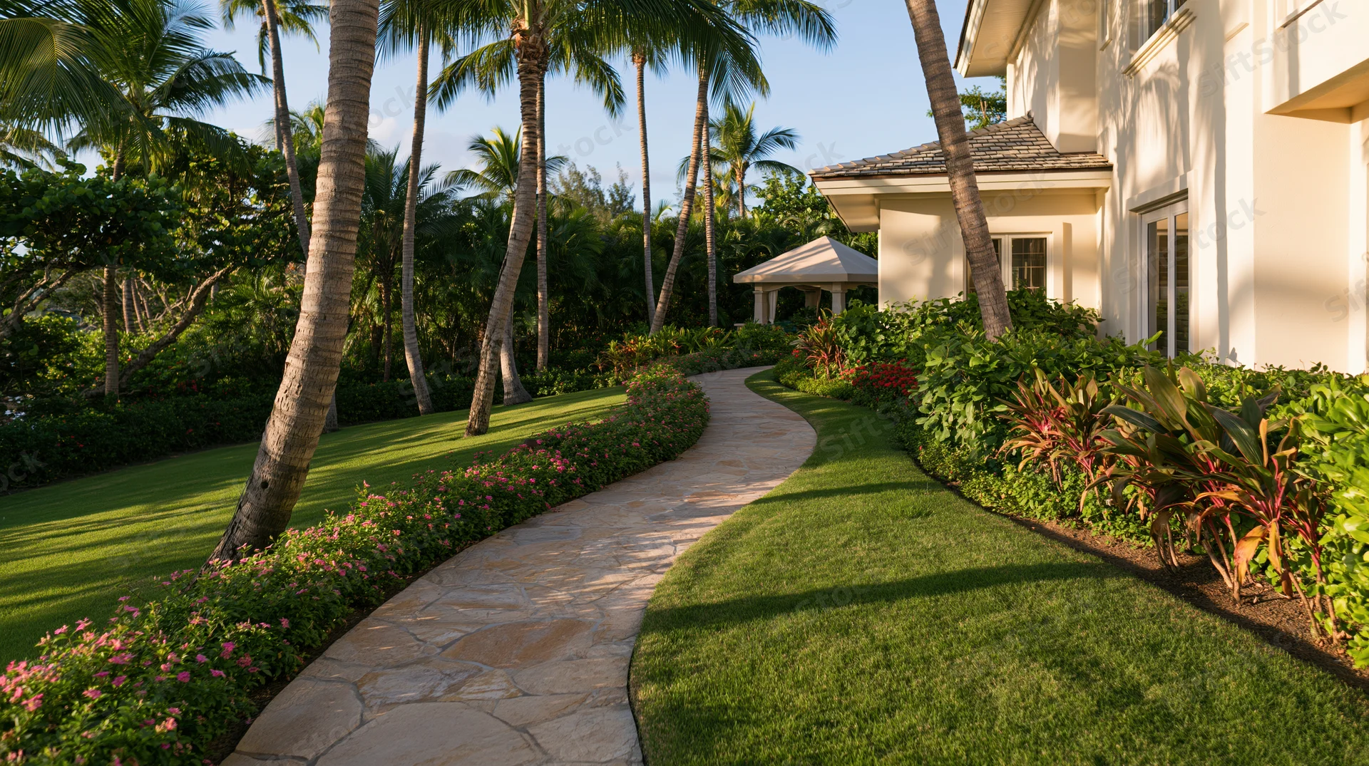 Curved stone pathway winding through lush tropical garden beside white house