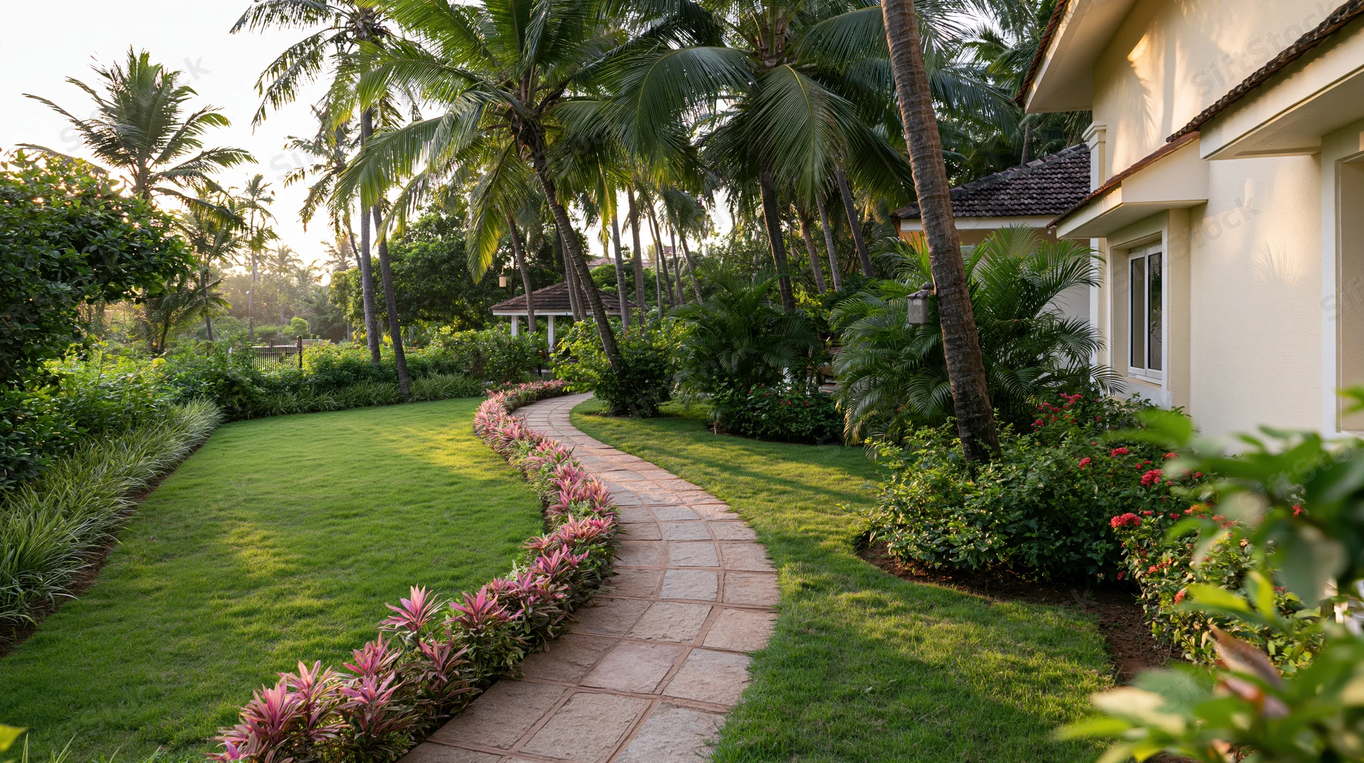 Curved stone pathway winding through lush tropical garden beside white villa
