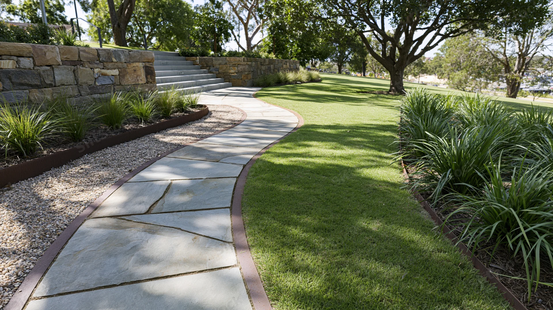Curved stone slab pathway winding through a manicured public garden with grass, trees, and shrubs