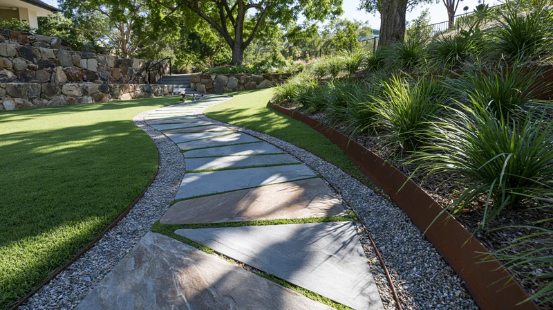 Curved stone slab pathway winding through manicured lawn and garden with gravel borders and green shrubs