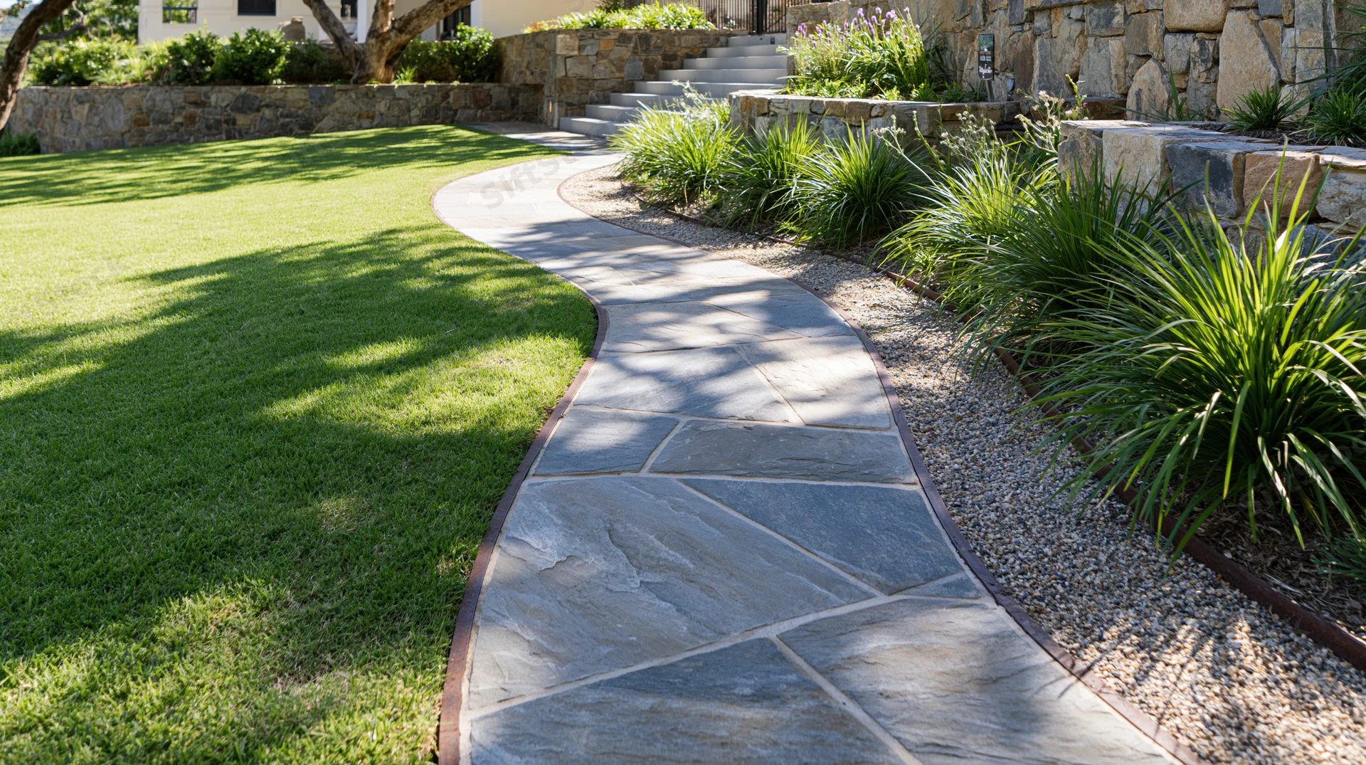 Curved stone pathway winding through a manicured garden with grass and shrubs bordered by gravel and retaining walls
