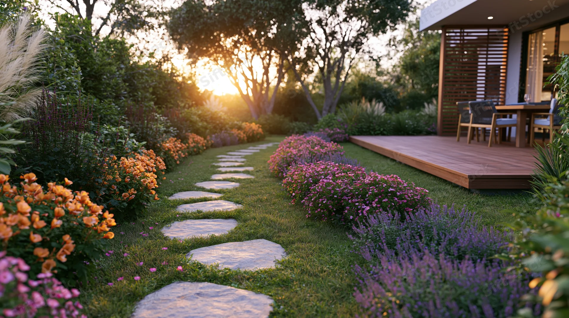 Curved stone stepping path through a lush residential garden at sunset with blooming flowers and a wooden deck beside a modern house