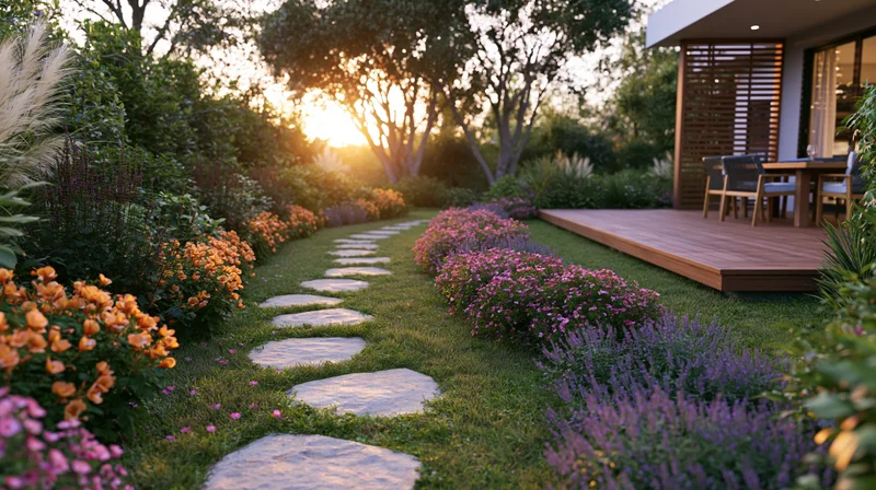 Curved stone stepping path through a lush residential garden at sunset with blooming flowers and a wooden deck beside a modern house