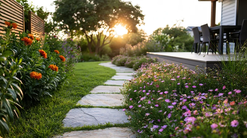 Curved stone stepping path through lush residential garden with flowers and patio at sunset