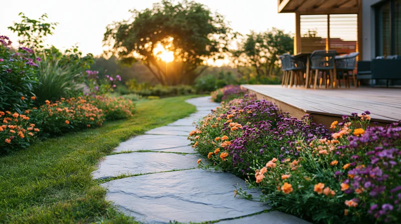Curved stone stepping path through a lush residential garden with blooming flowers and a wooden deck at sunset
