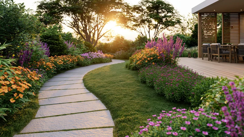 Curved stone path winding through a lush residential garden with blooming flowers and a wooden patio at sunset
