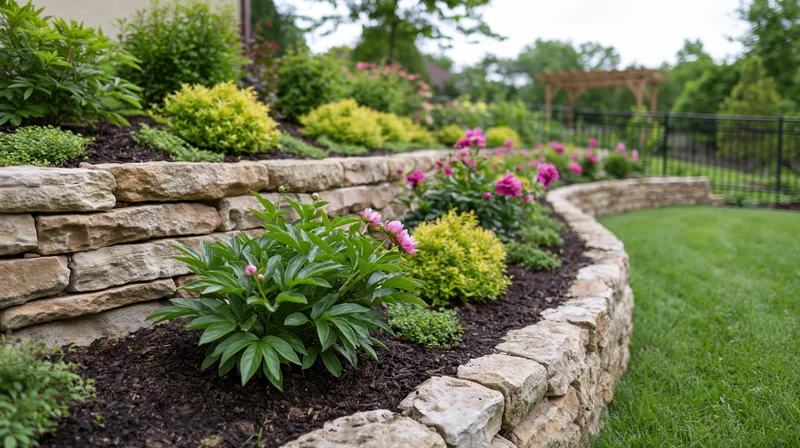 Curved tiered garden beds bordered by natural sandstone retaining walls with peonies and shrubs in a backyard lawn