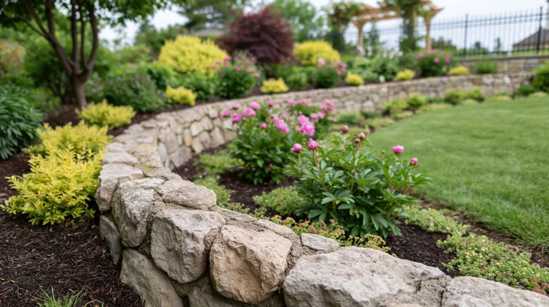Curved tiered garden beds bordered by natural sandstone retaining wall with flowering plants and lawn