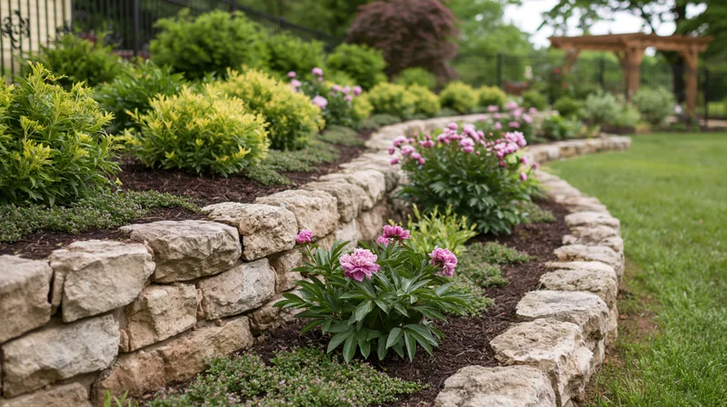 Curved tiered garden beds bordered by natural sandstone retaining wall with peonies and shrubs in a landscaped backyard