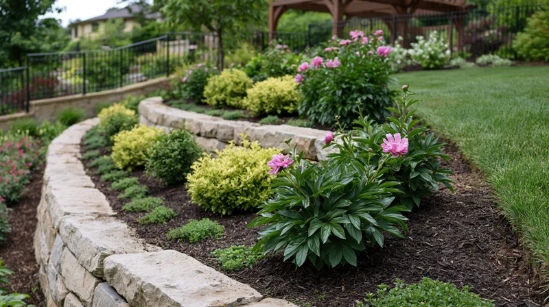 Curved tiered garden beds with pink peonies and green shrubs bordered by natural sandstone retaining walls in a residential backyard