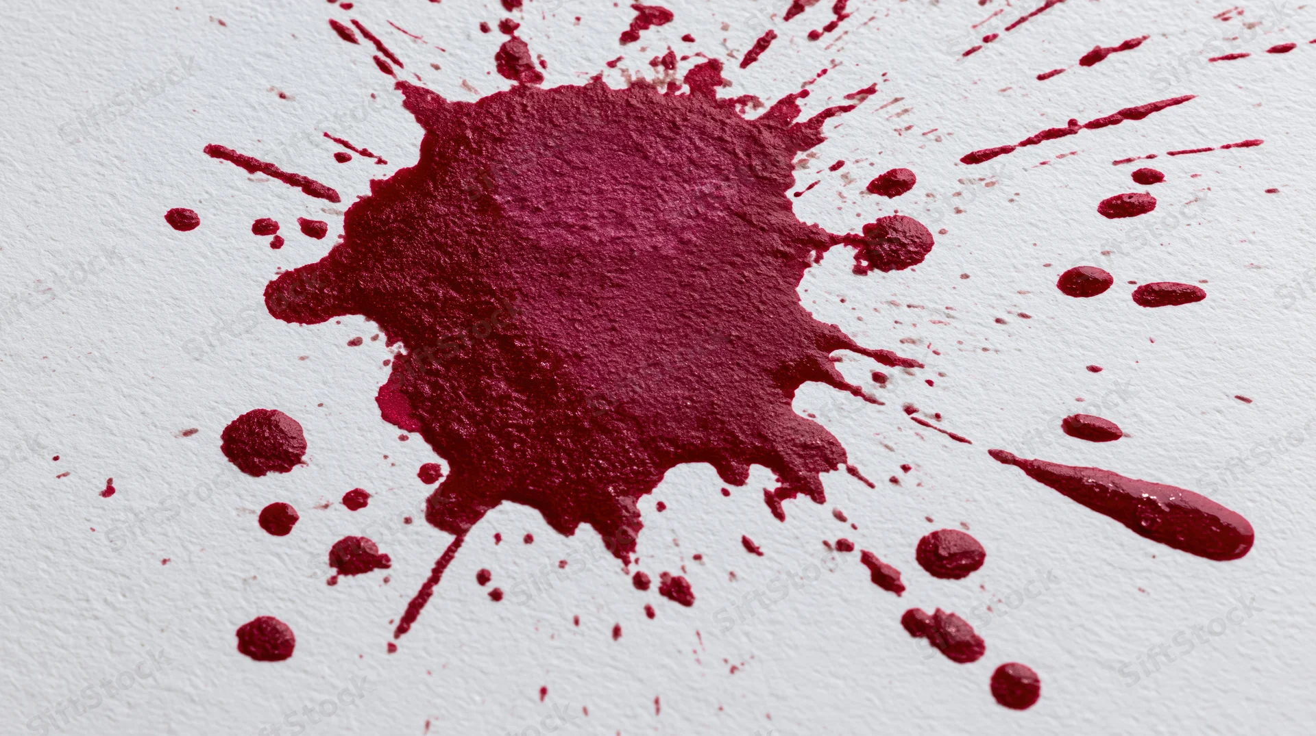 Dark crimson paint splatter on white textured surface