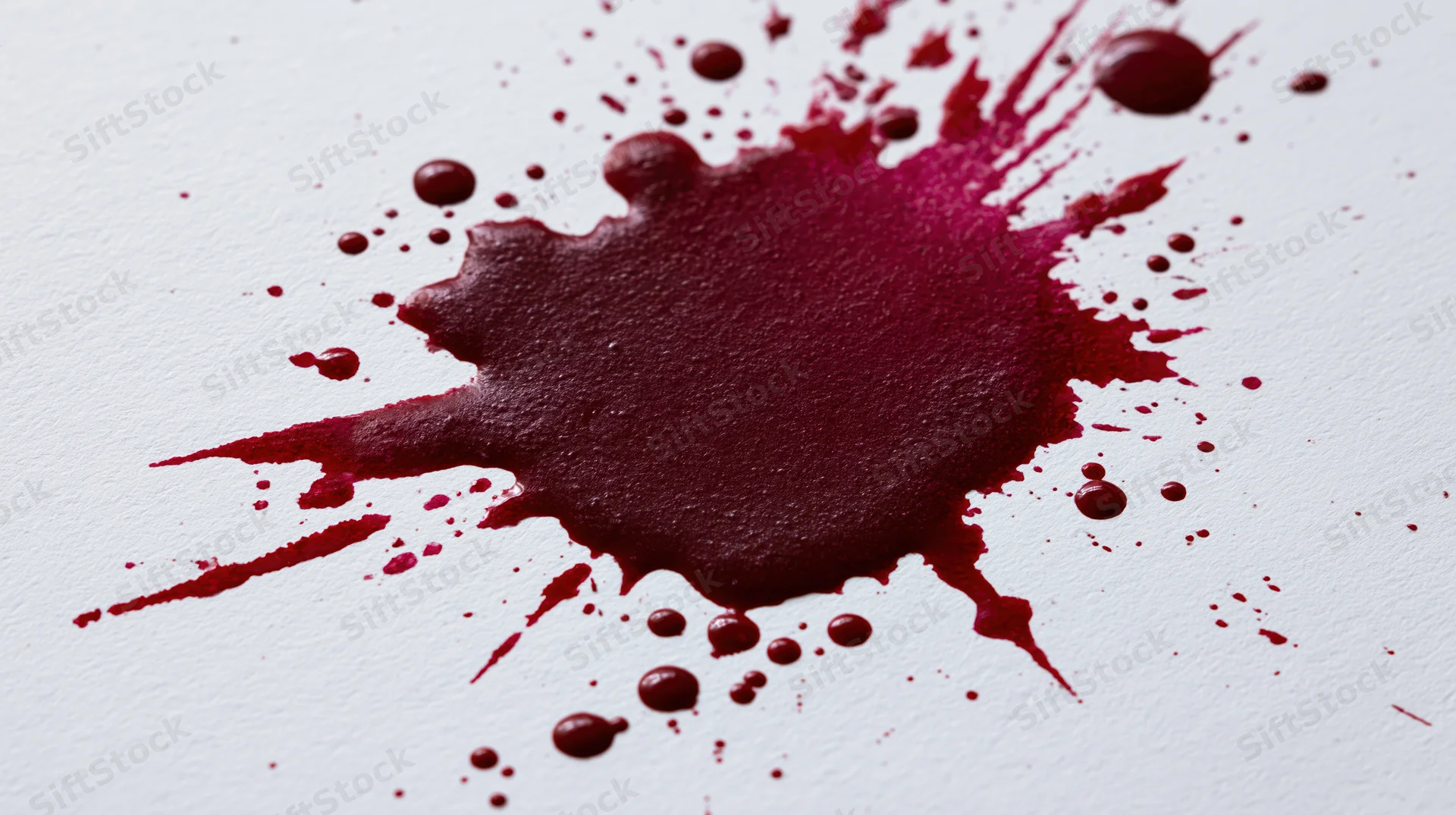 Dark crimson paint splatter on plain white surface