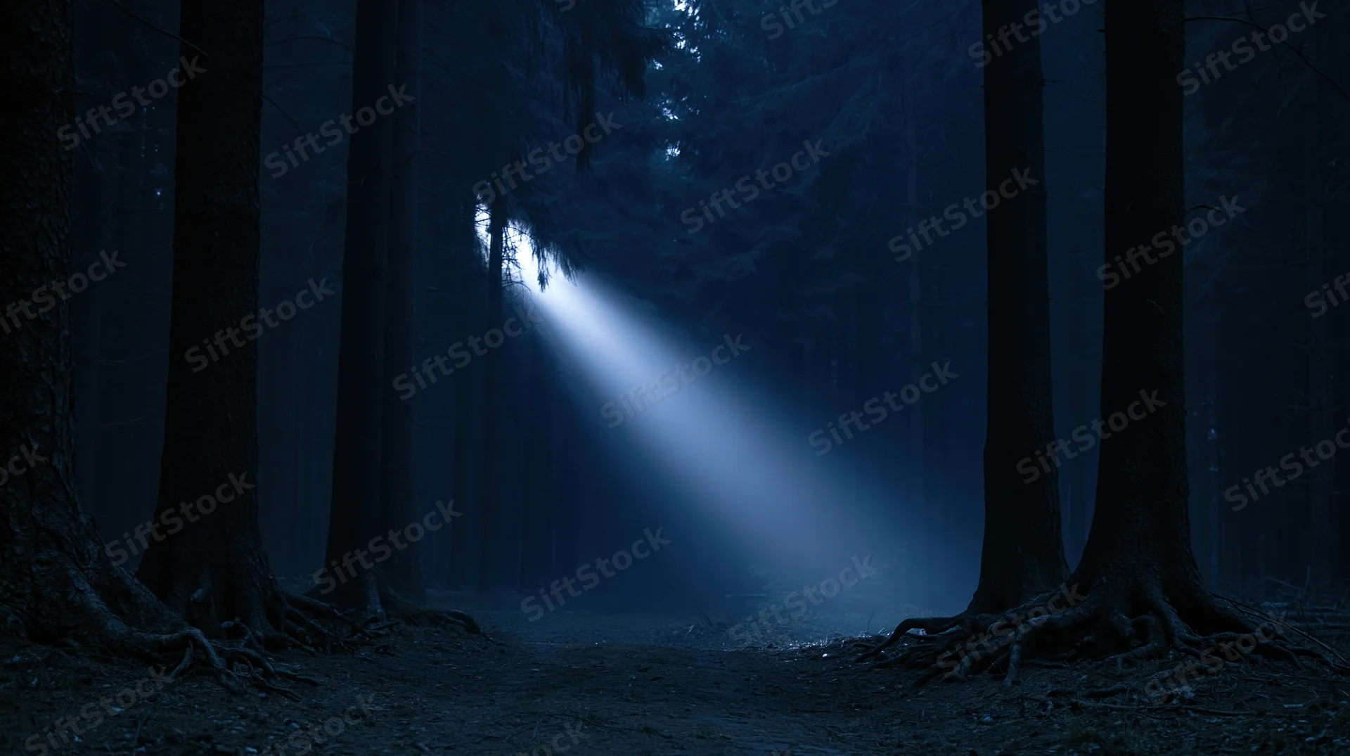 A single shaft of moonlight cutting through a dark forest at night, illuminating a misty path between tall trees