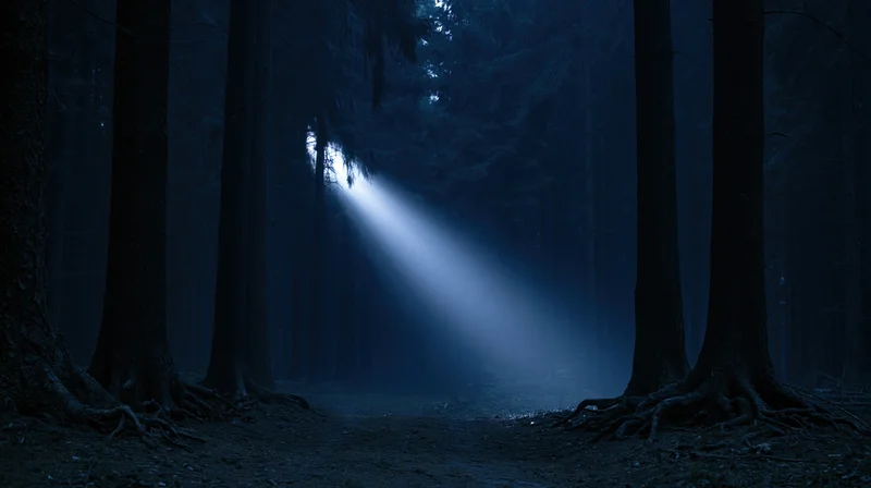 A single shaft of moonlight cutting through a dark forest at night, illuminating a misty path between tall trees