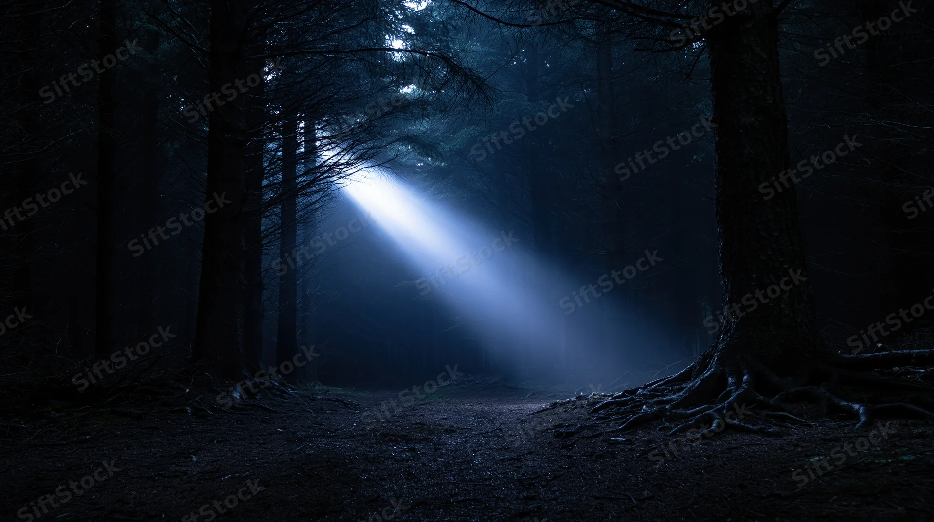 Moonlight beam cutting through dark forest at night along a path between trees