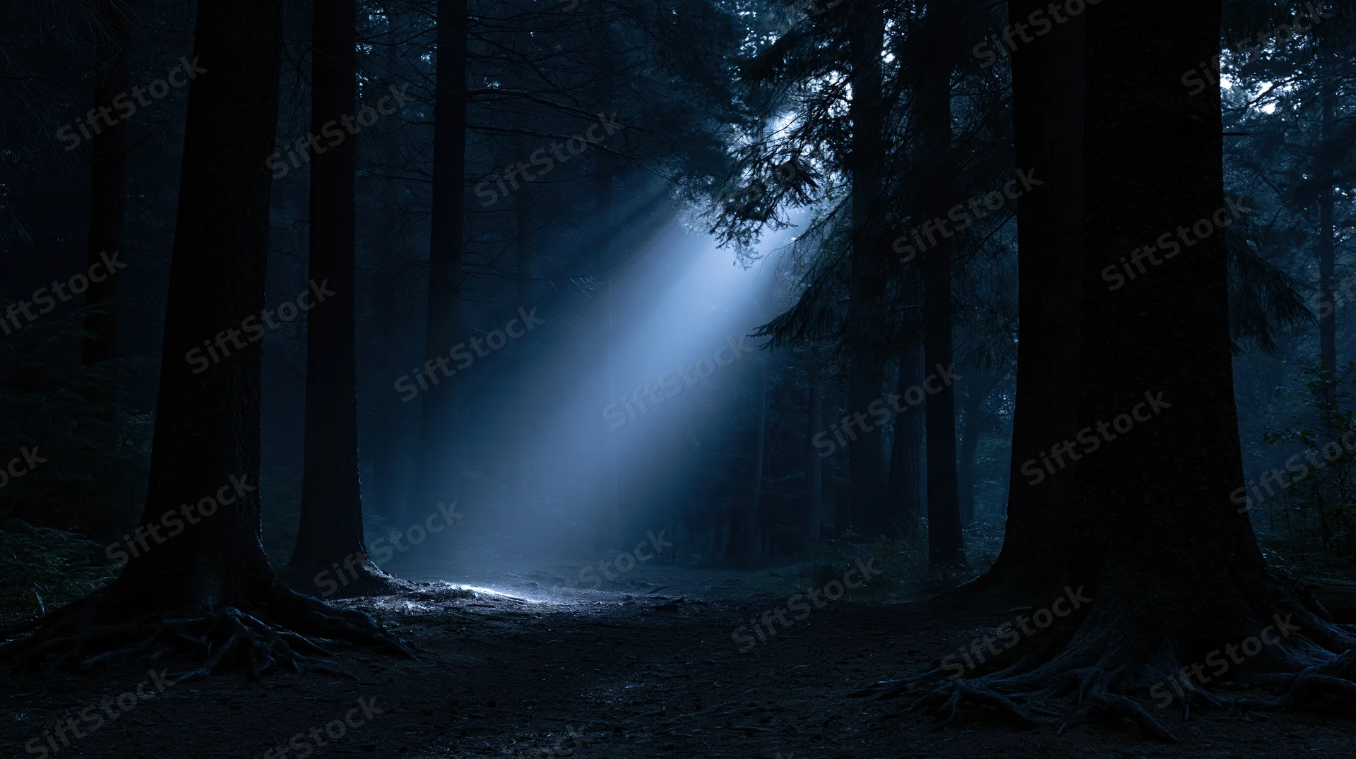 Moonlight beam cutting through dark forest trees at night, illuminating misty path