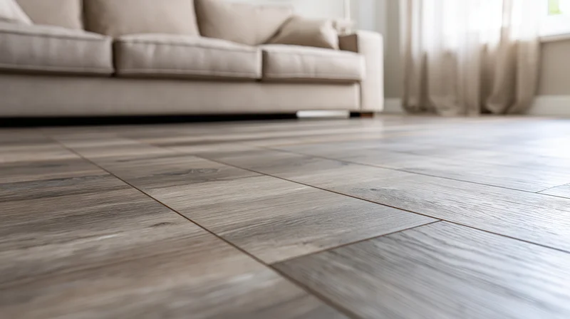 Close-up of dark grey-brown hardwood floor planks in a living room with beige sofa and curtains in background