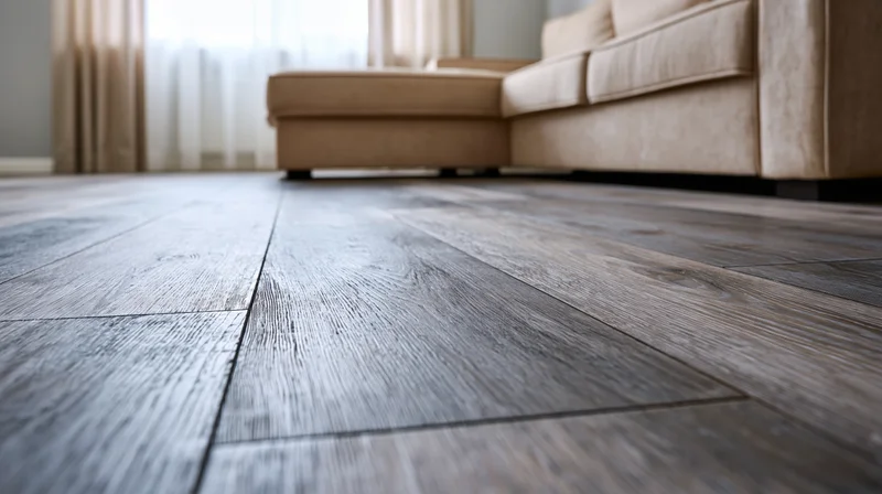 Dark gray-brown hardwood floor planks in sharp focus with beige sofa in background