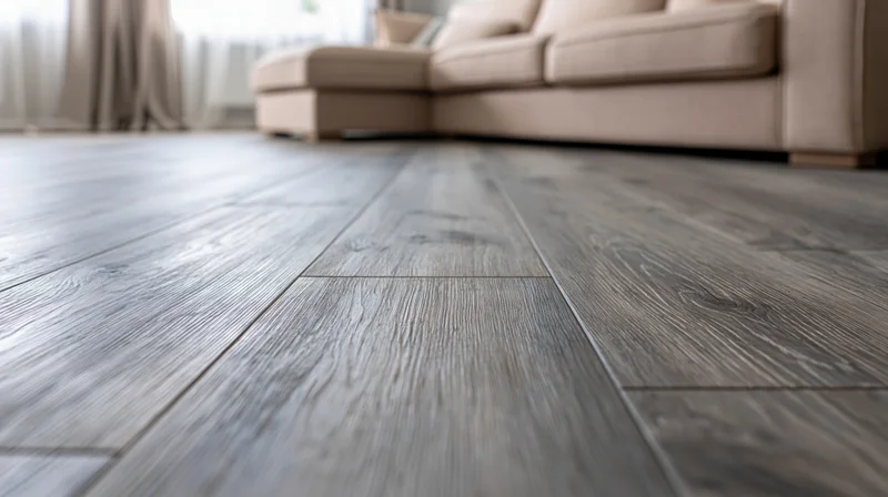 Dark gray-brown hardwood floor planks in sharp focus filling the foreground with a beige sofa and curtains in the background