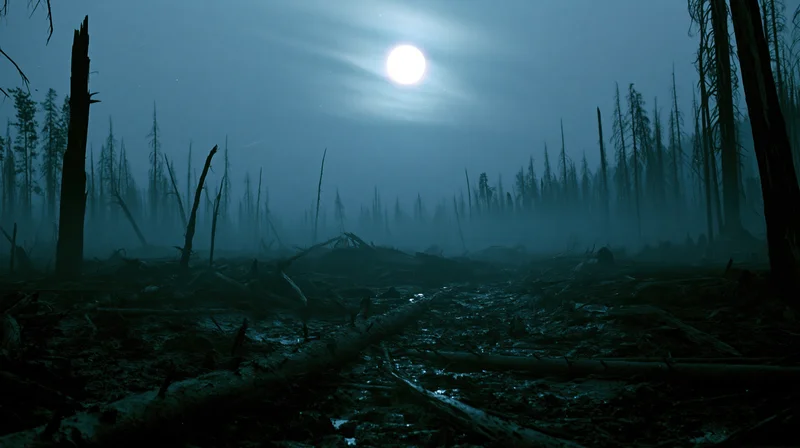 Dead forest at night with fallen logs and muddy waterlogged ground under moonlight