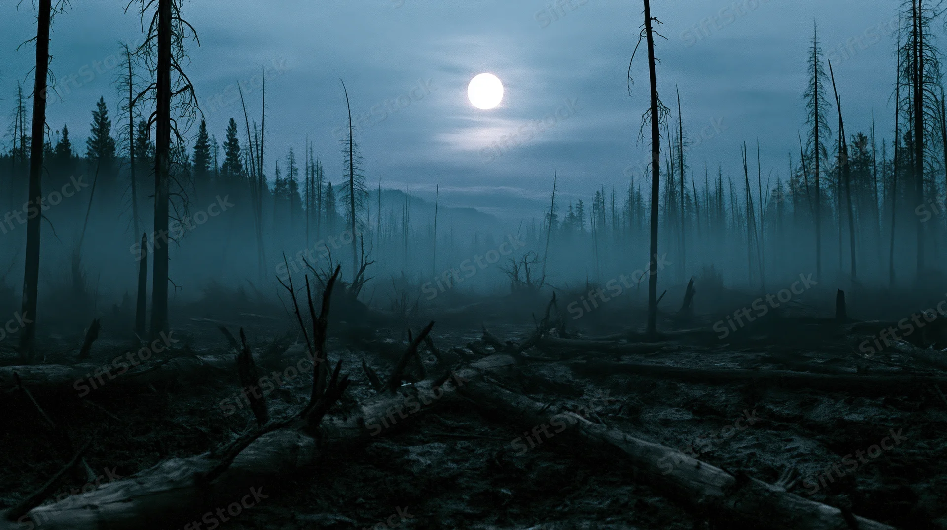 Dead forest at night with fallen logs and muddy waterlogged ground under moonlight and fog