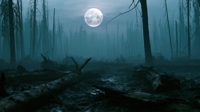 Dead forest at night with fallen logs and muddy waterlogged ground under a full moon