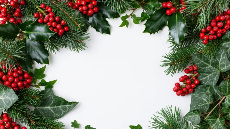 Christmas botanical border frame made of holly berries, pine, and ivy on white background with copyspace