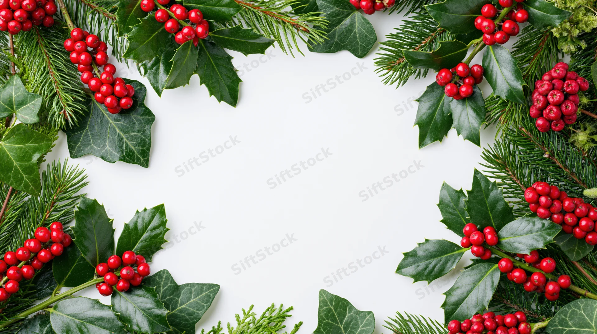Holly and pine branches with red berries arranged in a border frame on white background