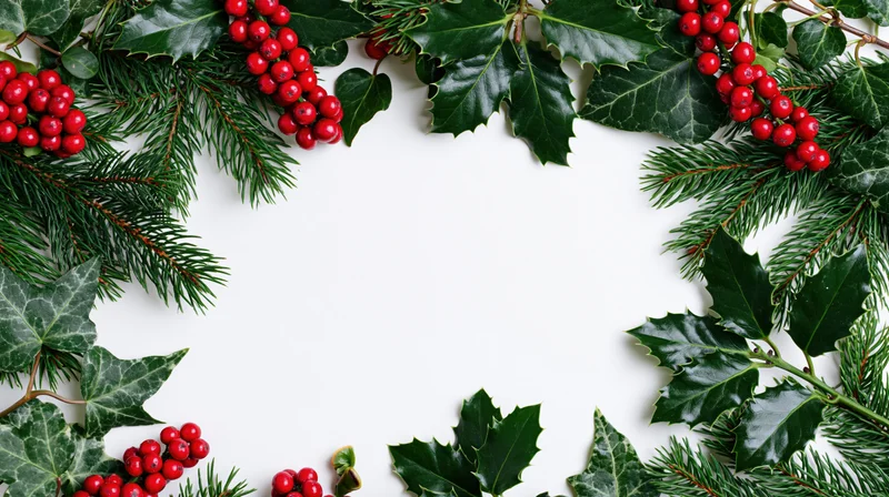 Holly and pine branches with red berries arranged in a border frame on white background