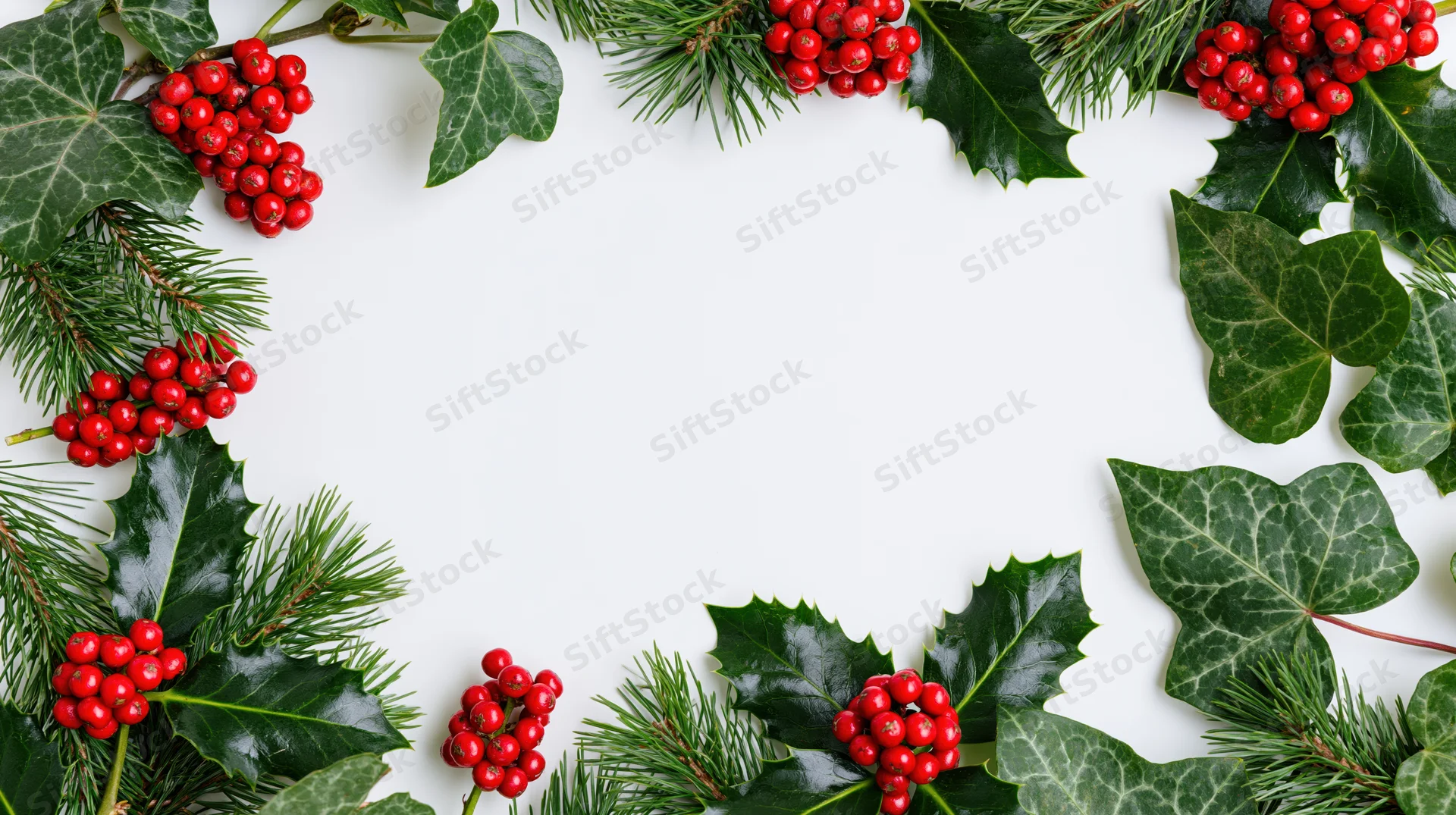 Christmas botanical border frame made of holly berries, ivy, and pine sprigs on white background with copyspace