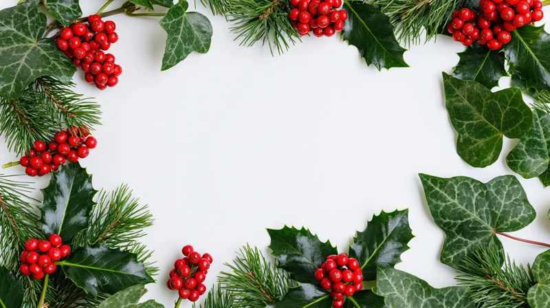 Christmas botanical border frame made of holly berries, ivy, and pine sprigs on white background with copyspace